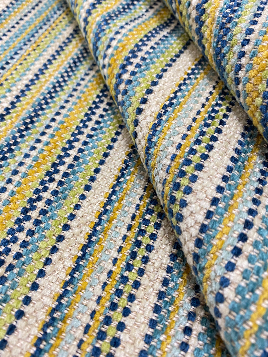 1.3 Yard of Designer Navy Blue Beige Green Mustard Stripe Chenille Upholstery Fabric WHS 3850