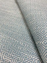Load image into Gallery viewer, Designer Water &amp; Stain Resistant Performance Aqua Blue White Woven Performance Geometric Upholstery Fabric WHS 3546