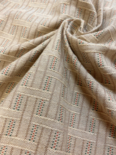 Designer Cotton Beige Green Red Geometric Abstract Water & Stain Resistant Upholstery Drapery Fabric STA 5072