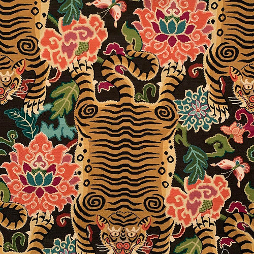 Cotton Black Coral Teal Green Orange Tiger Tibetan Animal Print Upholstery Drapery Fabric MGF