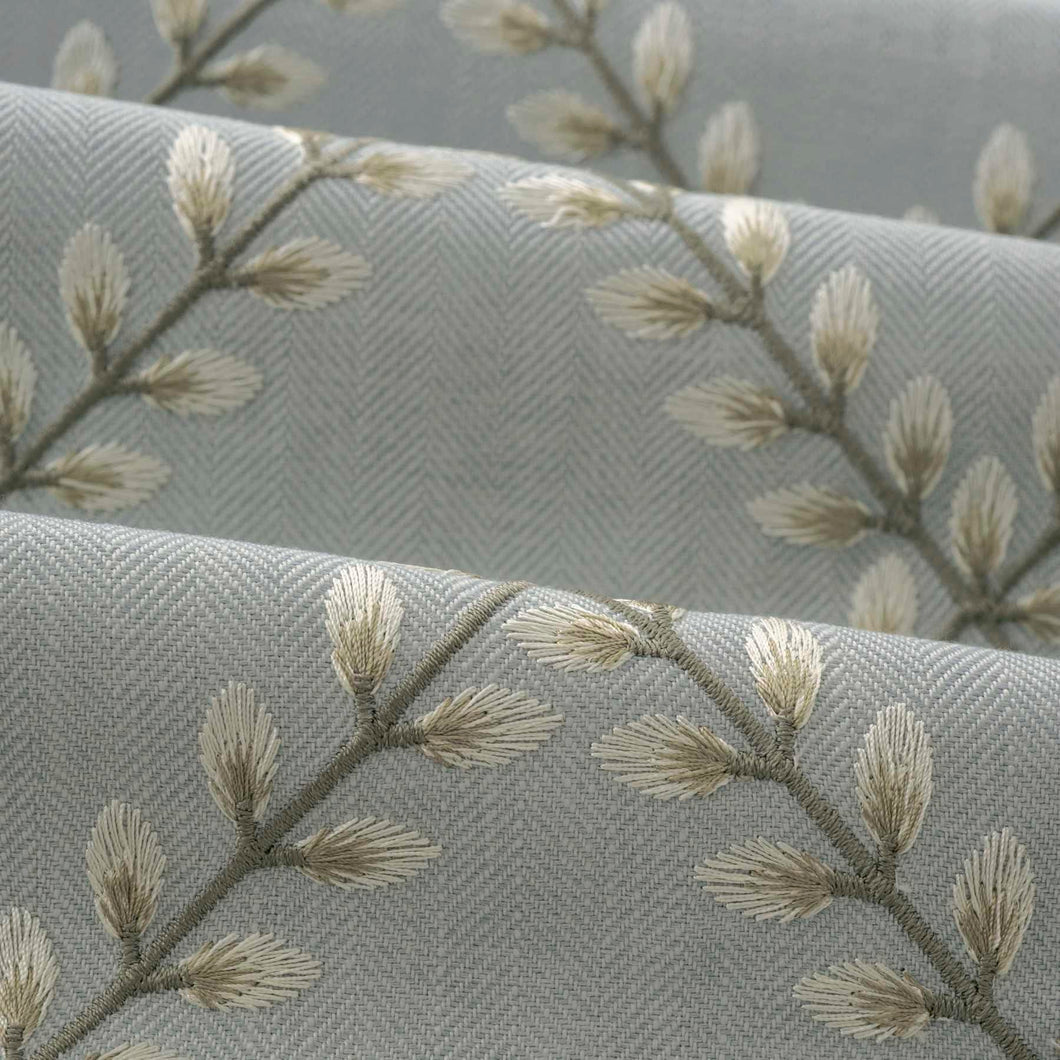 Grey Olive Green Blue Seafoam Floral Embroidered Drapery Fabric FB