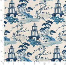 Load image into Gallery viewer, Stain Resistant Navy Aqua Blue Cream Chinoiserie Asian Upholstery Drapery Fabric CF