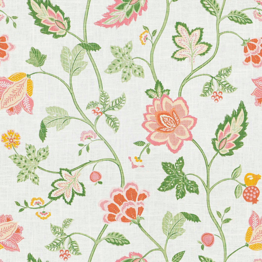 Cream Orange Pink Green Linen Blend Floral Upholstery Drapery Fabric FB