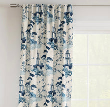 Load image into Gallery viewer, Stain Resistant Navy Aqua Blue Cream Chinoiserie Asian Upholstery Drapery Fabric CF