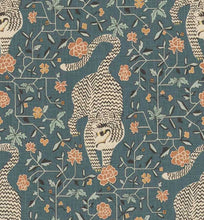 Load image into Gallery viewer, Denim Blue Coral Orange Aqua Floral Tiger Animal Pattern Upholstery Drapery Fabric FB