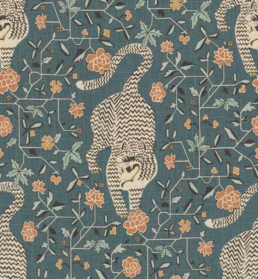 Denim Blue Coral Orange Aqua Floral Tiger Animal Pattern Upholstery Drapery Fabric FB