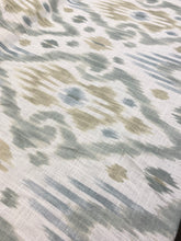 Load image into Gallery viewer, 1.25 Yard Belle Maison Cream Seafoam Green Aqua Ikat Cotton Linen Upholstery Drapery Fabric WHS 3091