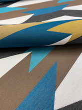 Load image into Gallery viewer, Arc Com Crescendo Caribbean Abstract Geometric Teal Mustard Cream Water &amp; Stain Resistant Upholstery Fabric WHS 3054