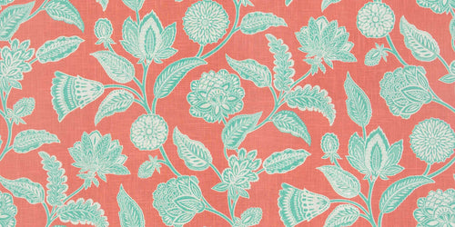 Linen Cotton Floral Cream Coral Turquoise Pink Upholstery Drapery Fabric FB