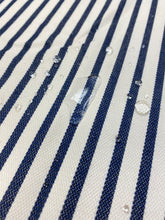 Load image into Gallery viewer, Designer Water &amp; Stain Resistant Indoor Outdoor White Navy Blue Stripe Nautical Upholstery Drapery Fabric WHS 3195