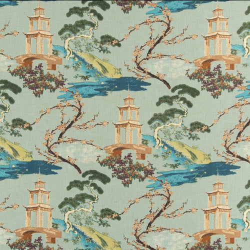 Stain Resistant Teal Blue Brown Green Seafoam Chinoiserie Asian Upholstery Drapery Fabric CF