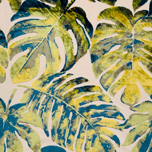 Chartreuse Green Yellow Beige Lime Green Teal Botanical Tropical Leaf Cut Velvet Upholstery Fabric MGF