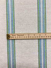 Load image into Gallery viewer, Irregular Remnant Piece of Schumacher Garden Stripe Indoor Outdoor Woven Beige Green Blue Nautical Stripe Upholstery Fabric WHS 4237