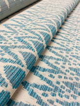 Load image into Gallery viewer, Designer Blue Teal Cream Stripe Ikat Indoor Outdoor Water &amp; Stain Resistant Upholstery Fabric STA 3292