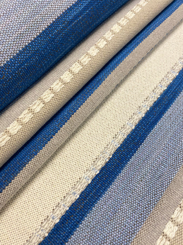 Designer Royal Blue Cream Beige Nautical Stripe Upholstery Fabric WHS 4019