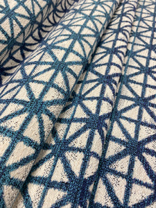 Designer Geometric Water & Stain Resistant Teal Navy Blue Cream Shibori Upholstery Fabric WHS 3360