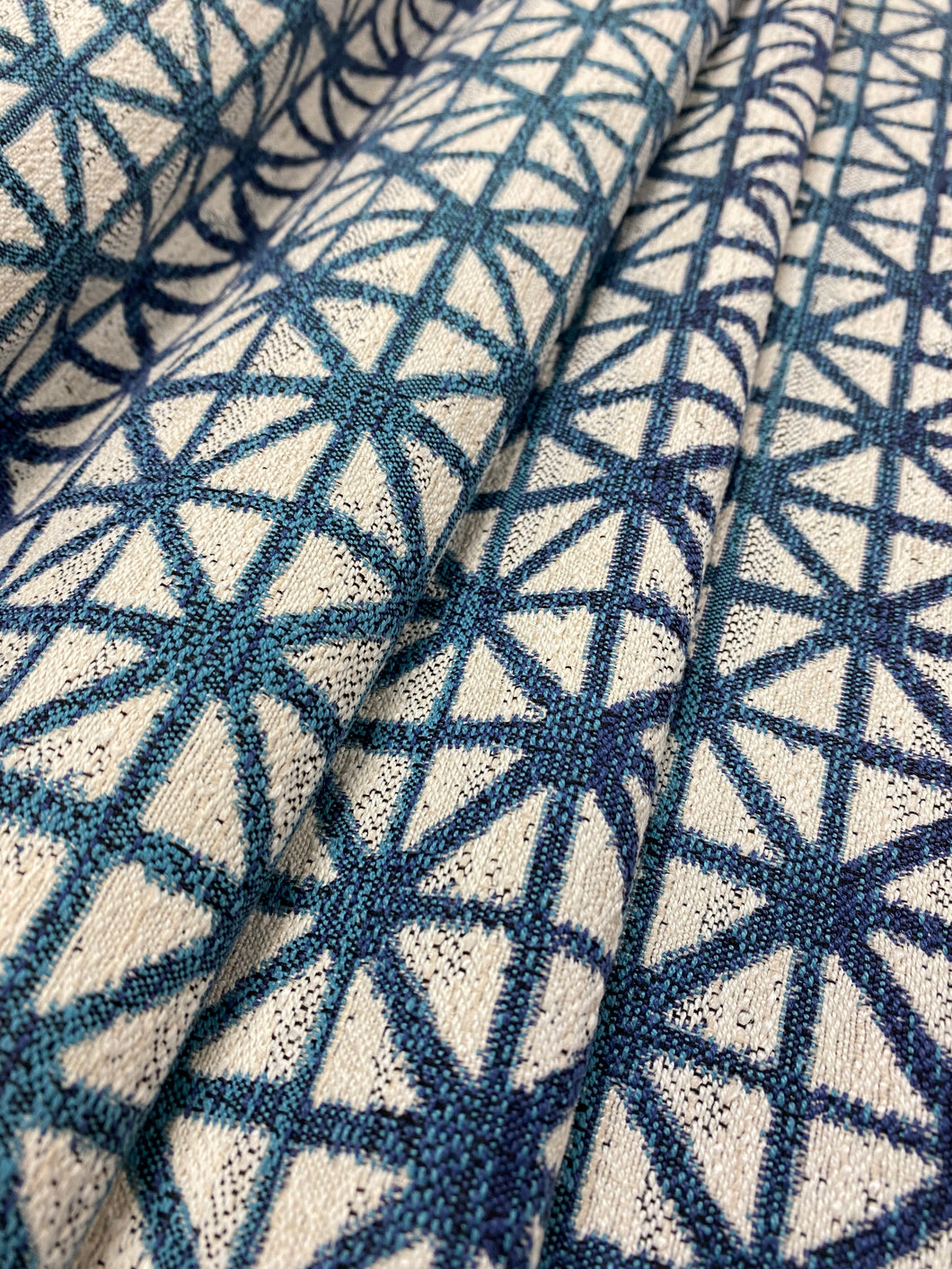 Designer Geometric Water & Stain Resistant Teal Navy Blue Cream Shibori Upholstery Fabric WHS 3360