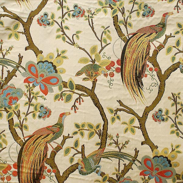 Beige Green Brown Yellow Blue Bird Upholstery Fabric MGF
