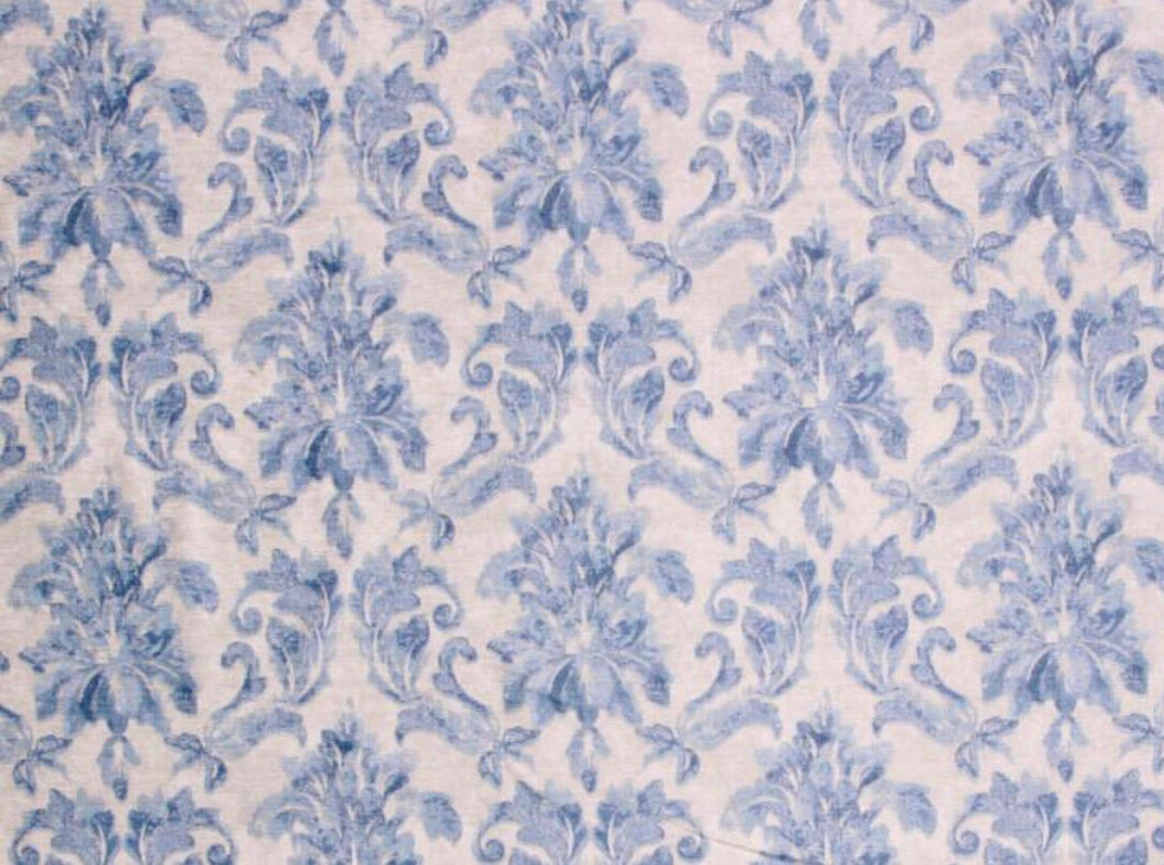 Chartwell Damask French Blue Cream Velvet Upholstery Drapery Fabric / Harbour