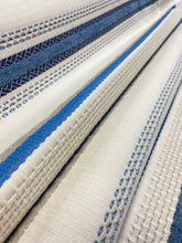 Load image into Gallery viewer, Designer Water &amp; Stain Resistant Linen Blend French Blue Taupe Beige Stripe Upholstery Fabric STA 3037