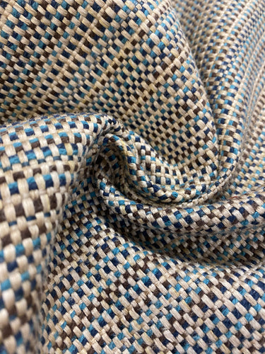 Designer Beige Brown Teal Blue MCM Mid Century Modern Woven Tweed Water & Stain Resistant Upholstery Fabric WHS 4145
