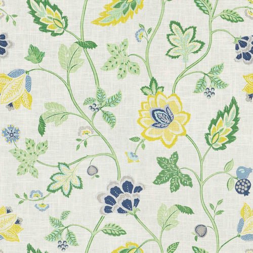 Cream Blue Green Mustard Yellow Linen Blend Floral Upholstery Drapery Fabric FB