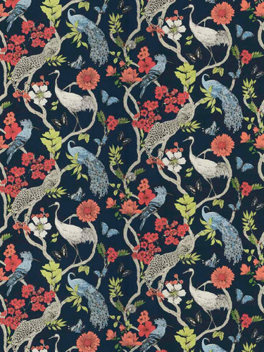 Navy Blue Coral Cream Floral Tropical Botanical Cheetah Bird Upholstery Drapery Fabric FB