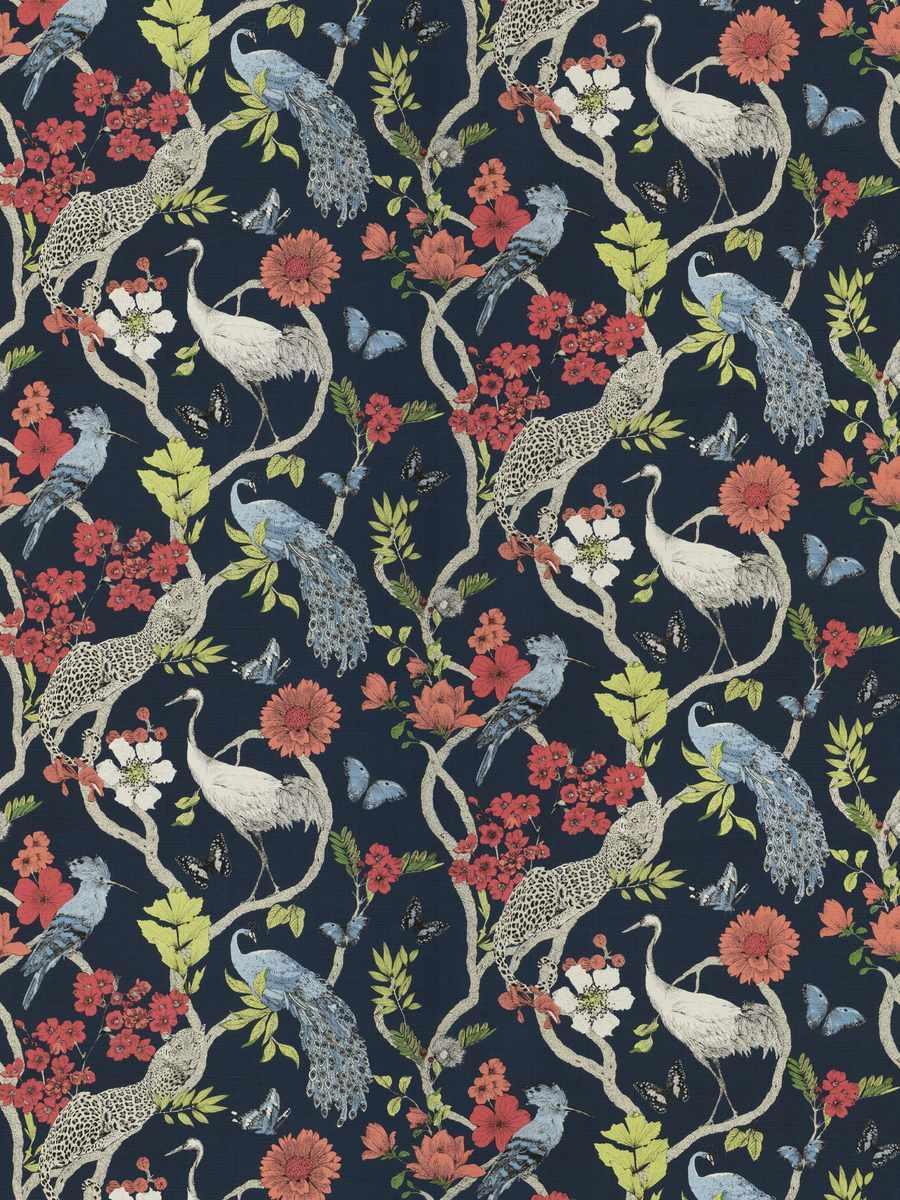 Navy Blue Coral Cream Floral Tropical Botanical Cheetah Bird Upholstery Drapery Fabric FB