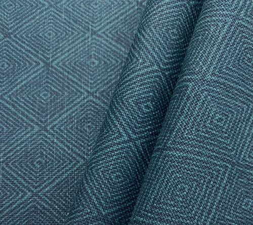 Designer Navy Teal Blue Belgian Linen Geometric Upholstery Fabric WHS 3956