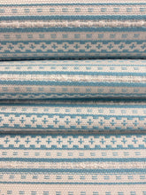 Load image into Gallery viewer, Designer Cream Turquoise Blue Stripe Indoor Outdoor Water &amp; Stain Resistant Upholstery Drapery Fabric WHS 4106