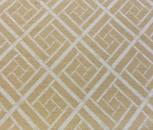 Load image into Gallery viewer, Designer Camel Beige Fret Geometric Trellis Water &amp; Stain Resistant Upholstery Drapery Fabric WHS 3626