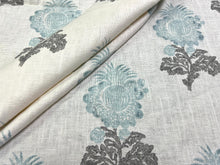 Load image into Gallery viewer, Thibaut Aldith Aqua Blue Cream Grey Floral Medallion Cotton Linen Upholstery Drapery Fabric