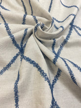 Load image into Gallery viewer, 1.25 Yard Designer Oatmeal Linen Cotton Beige Navy Blue Embroidered Geometric Water &amp; Stain Resistant Drapery Fabric WHS 3547
