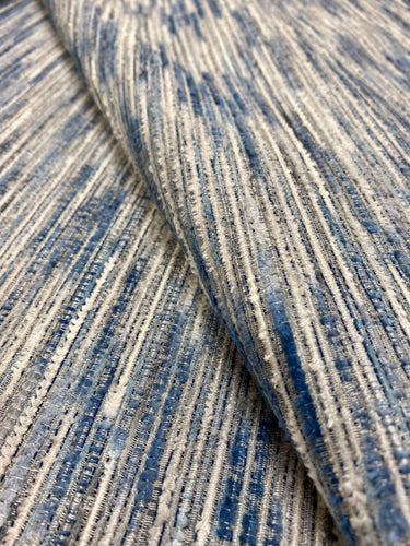 Designer Blue Grey Cream Textured Stripe Water & Stain Resistant Chenille Upholstery Fabric STA 3313