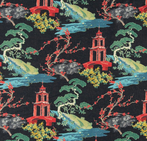 Stain Resistant Black Red Teal Green Chinoiserie Asian Upholstery Drapery Fabric CF