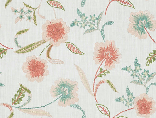 White Peach Coral Aqua Green Floral Embroidered Linen Blend Drapery Fabric FB
