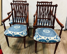 Load image into Gallery viewer, Set of Four Mahogany Lattice Dining Room Chairs in Schumacher Samarkand Ikat II Porcelain