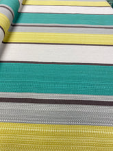 Load image into Gallery viewer, P Kaufmann Adventure Citron Yellow Cream Brown Teal Stripe Water &amp; Stain Resistant Upholstery Fabric WHS 3497