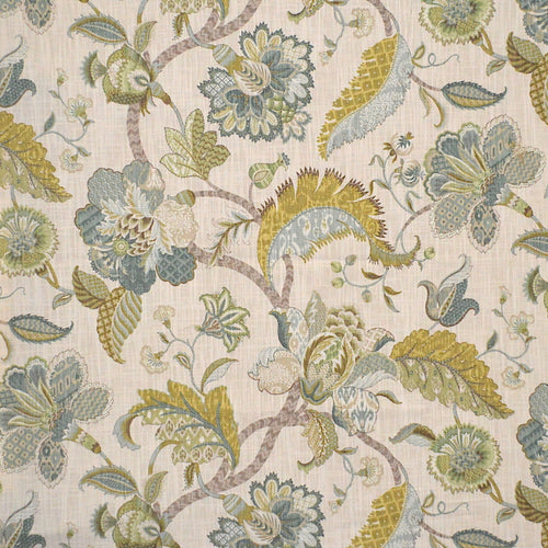 Cotton Cream Green Aqua Blue Seafoam Taupe Floral Jacobean Botanical Drapery Fabric MGF