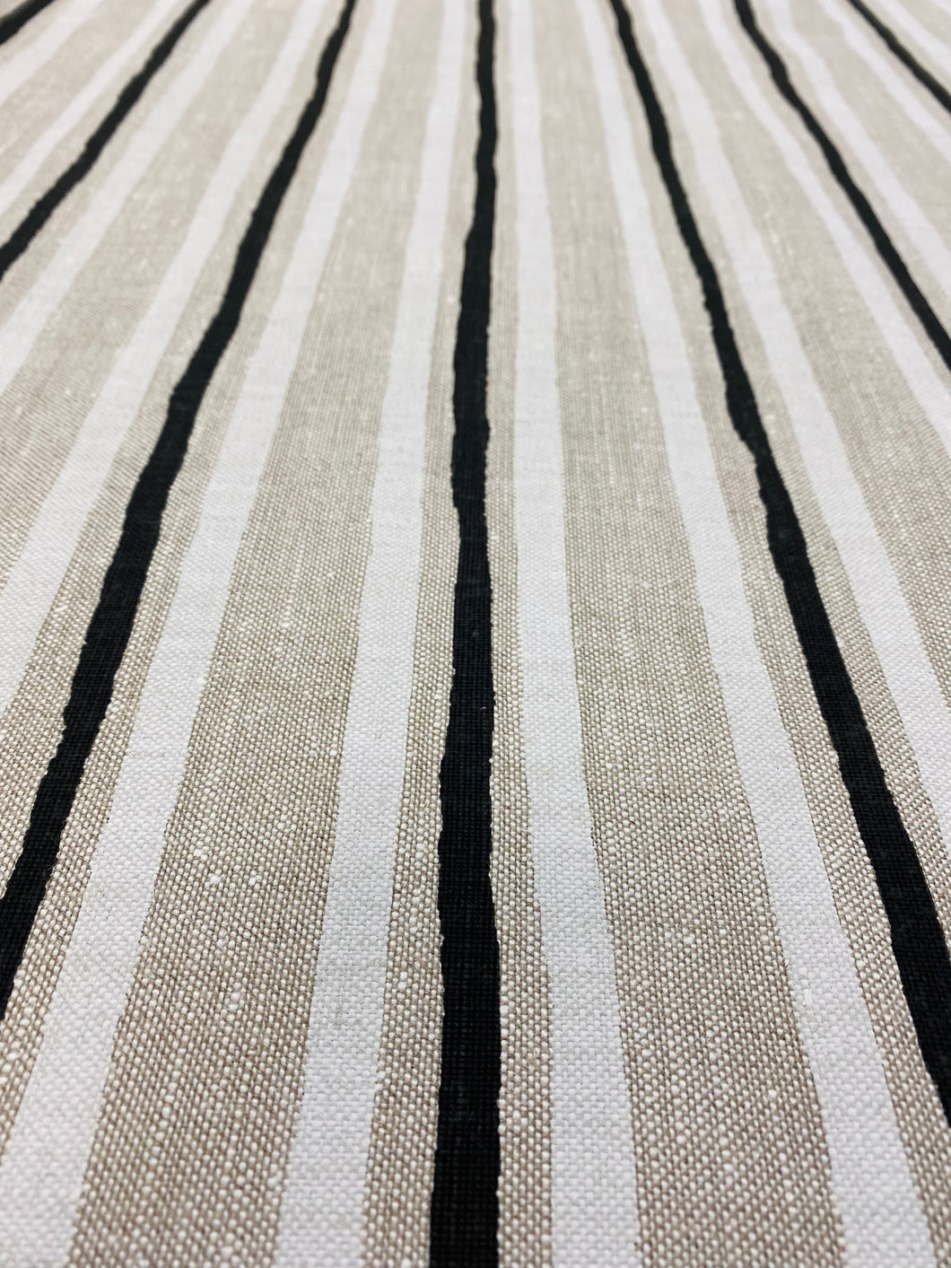 Designer Beige White Black Hand Printed Stripe Belgian Linen Upholstery Fabric WHS 3160