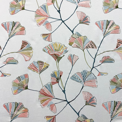 Cream Coral Aqua Teal Yellow Gingko Leaves Embroidered Floral Drapery Fabric MGF