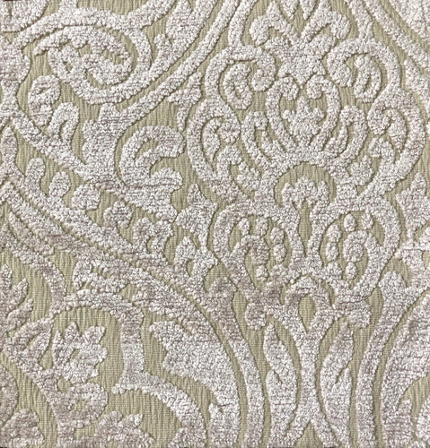 Amalfi Chenille Beige Neutral Damask Upholstery Fabric / Fawn