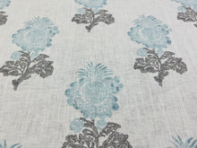 Load image into Gallery viewer, Thibaut Aldith Aqua Blue Cream Grey Floral Medallion Cotton Linen Upholstery Drapery Fabric