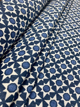 Load image into Gallery viewer, Schumacher Serendipity Blues Navy Blue White Geometric Linen Upholstery Drapery Linen Fabric STA 3349