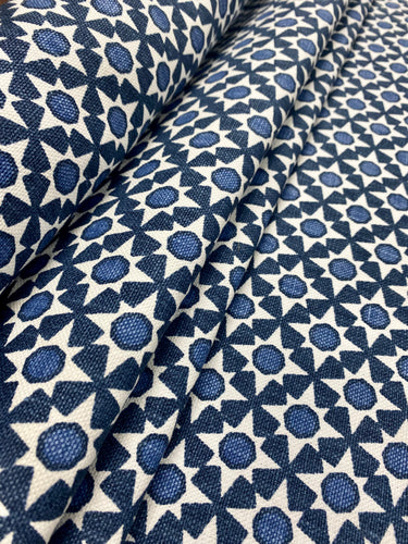 Schumacher Serendipity Blues Navy Blue White Geometric Linen Upholstery Drapery Linen Fabric STA 3349