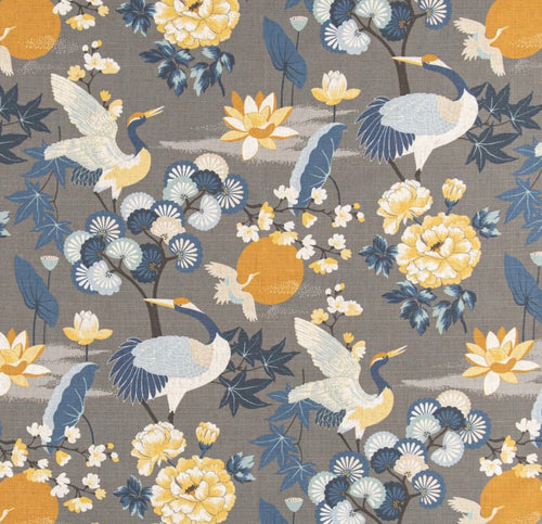 Stain Resistant Yellow Blue Grey Chinoiserie Crane Bird Upholstery Drapery Fabric CF