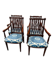 Load image into Gallery viewer, Set of Four Mahogany Lattice Dining Room Chairs in Schumacher Samarkand Ikat II Porcelain