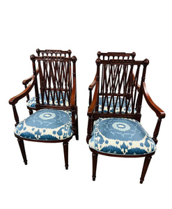 Set of Four Mahogany Lattice Dining Room Chairs in Schumacher Samarkand Ikat II Porcelain