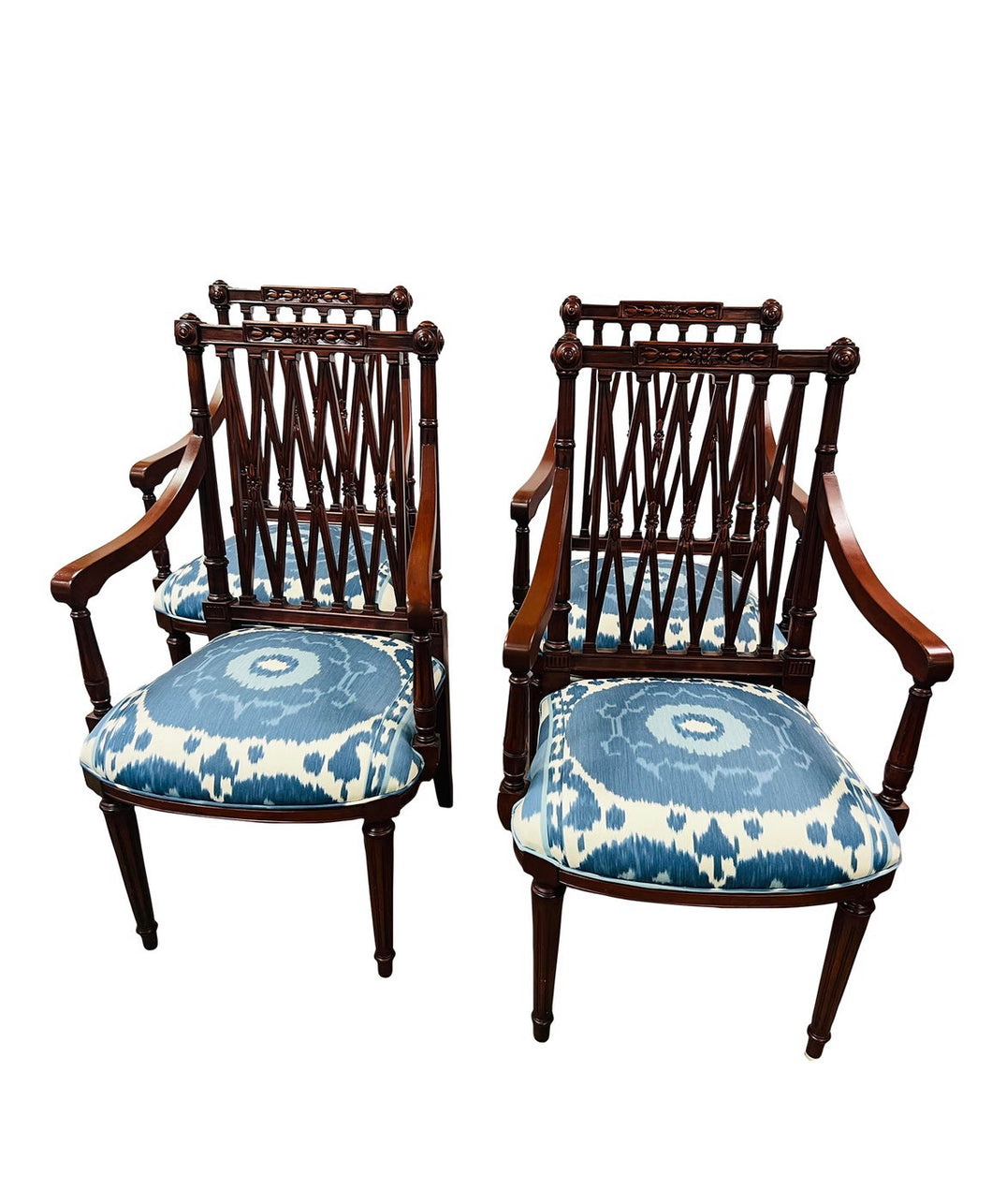 Set of Four Mahogany Lattice Dining Room Chairs in Schumacher Samarkand Ikat II Porcelain