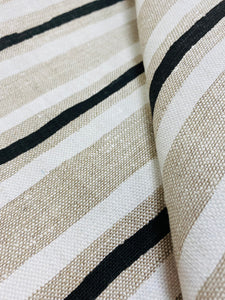 Designer Beige White Black Hand Printed Stripe Belgian Linen Upholstery Fabric WHS 3160